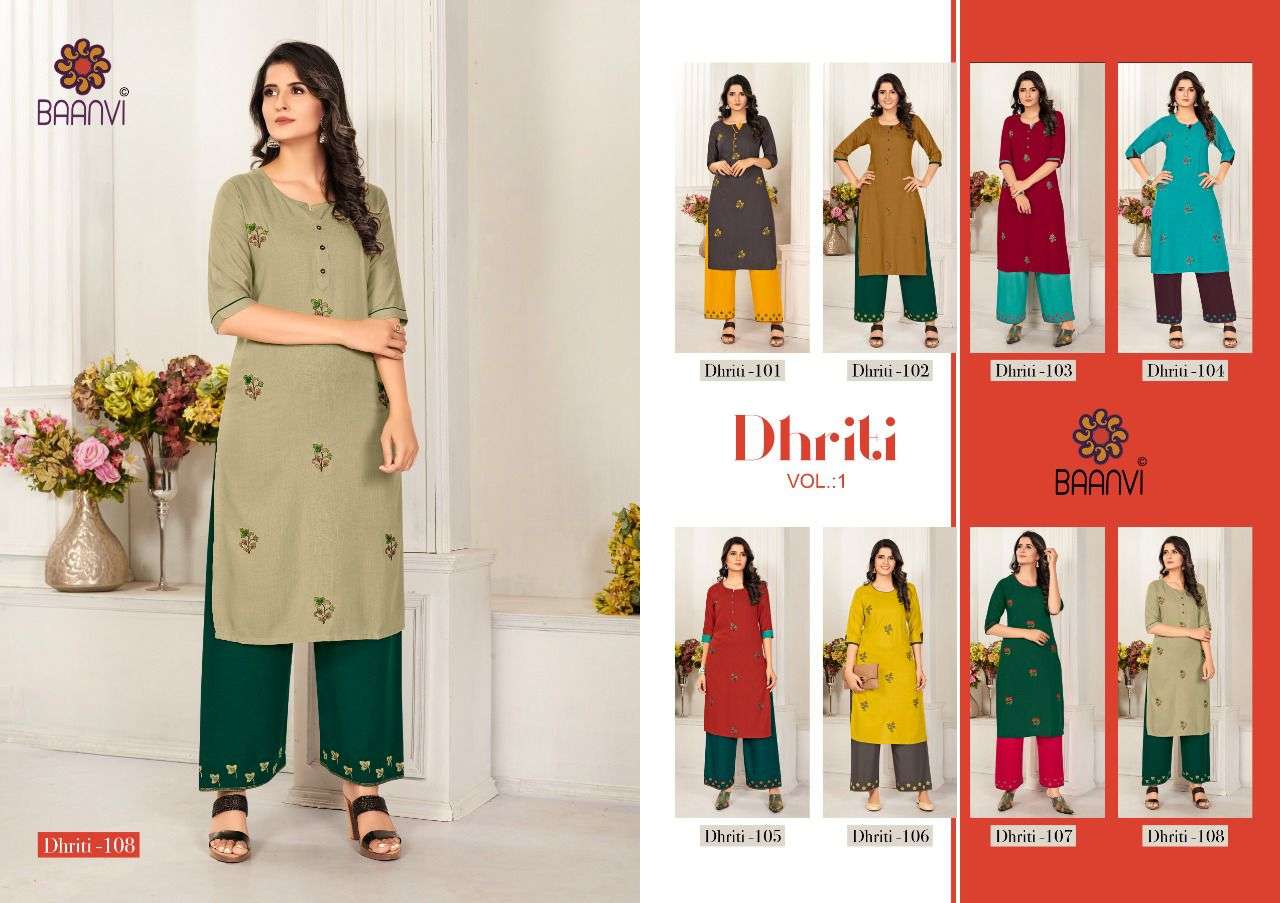 DHRITI BY BAANVI 101 TO 108 SERIES DESIGNER STYLISH FANCY COLORFUL BEAUTIFUL PARTY WEAR & ETHNIC WEAR COLLECTION RAYON SLUB EMBROIDERY KURTIS WITH BOTTOM AT WHOLESALE PRICE