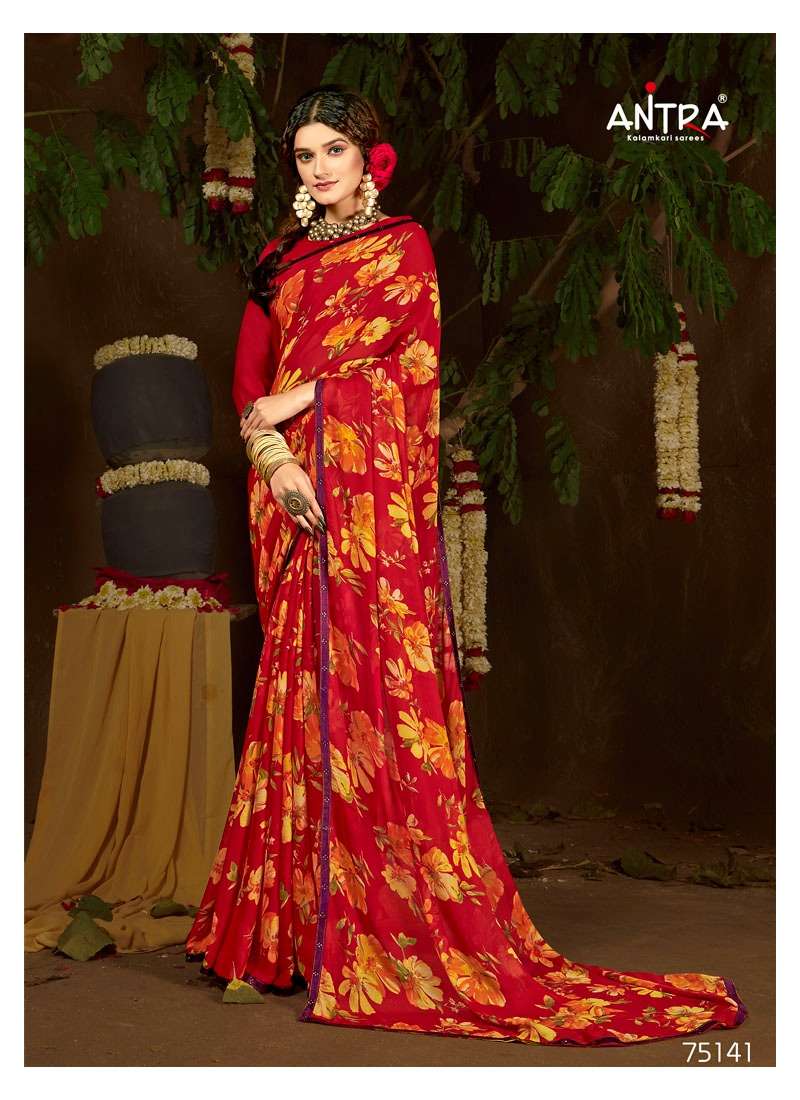 FLAVOURS BY ANTRA 75141 TO 75150 SERIES INDIAN TRADITIONAL WEAR COLLECTION BEAUTIFUL STYLISH FANCY COLORFUL PARTY WEAR & OCCASIONAL WEAR CHIFFON SAREES AT WHOLESALE PRICE