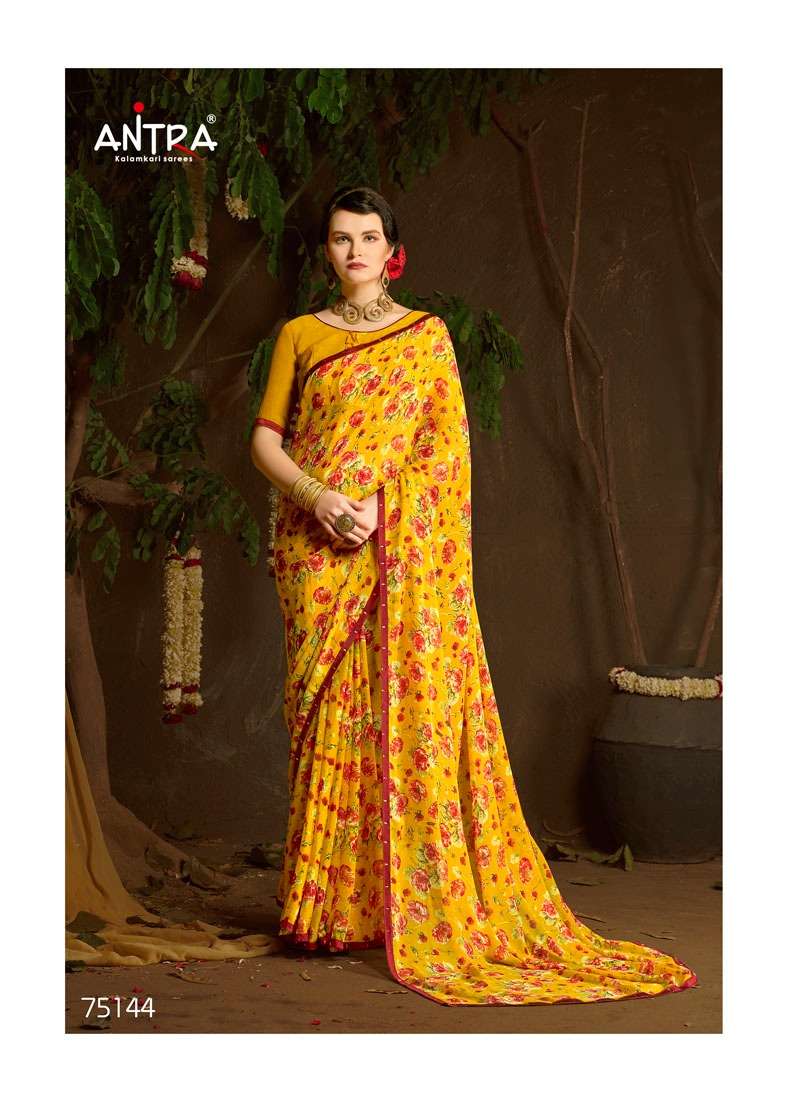 FLAVOURS BY ANTRA 75141 TO 75150 SERIES INDIAN TRADITIONAL WEAR COLLECTION BEAUTIFUL STYLISH FANCY COLORFUL PARTY WEAR & OCCASIONAL WEAR CHIFFON SAREES AT WHOLESALE PRICE