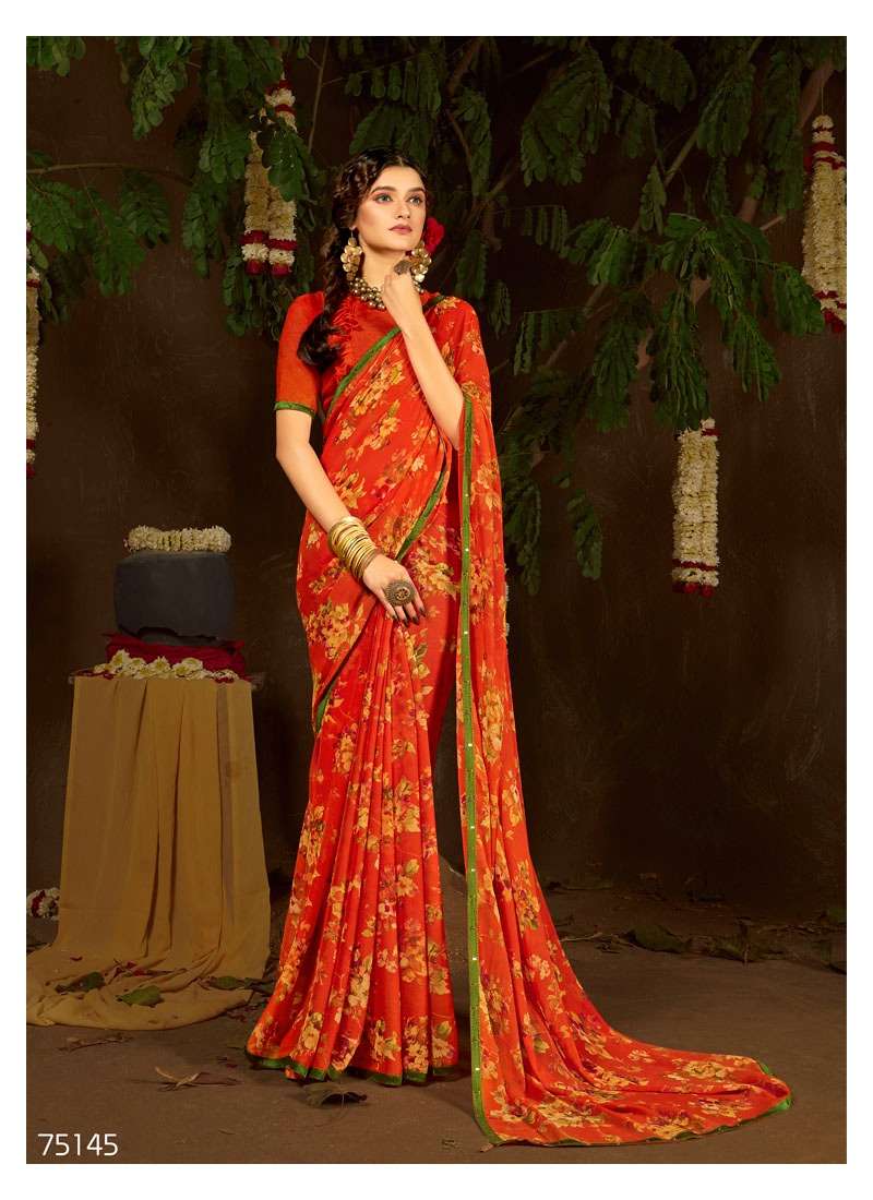 FLAVOURS BY ANTRA 75141 TO 75150 SERIES INDIAN TRADITIONAL WEAR COLLECTION BEAUTIFUL STYLISH FANCY COLORFUL PARTY WEAR & OCCASIONAL WEAR CHIFFON SAREES AT WHOLESALE PRICE
