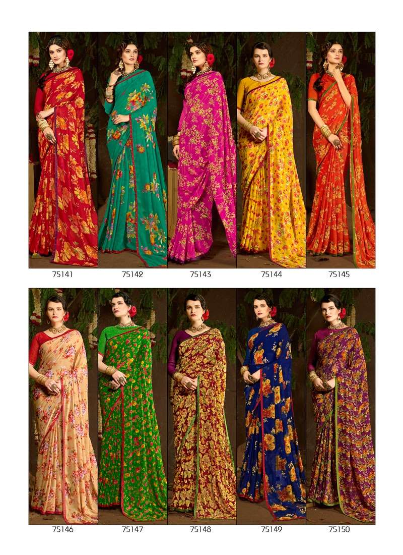 FLAVOURS BY ANTRA 75141 TO 75150 SERIES INDIAN TRADITIONAL WEAR COLLECTION BEAUTIFUL STYLISH FANCY COLORFUL PARTY WEAR & OCCASIONAL WEAR CHIFFON SAREES AT WHOLESALE PRICE