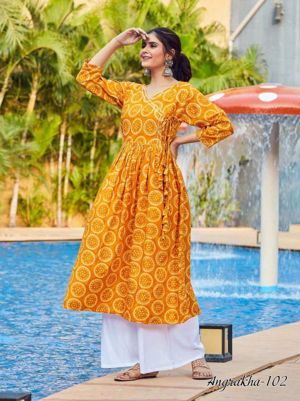 ANGRAKHA BY VEE FAB 101 TO 104 SERIES DESIGNER STYLISH FANCY COLORFUL BEAUTIFUL PARTY WEAR & ETHNIC WEAR COLLECTION RAYON FOIL PRINT KURTIS AT WHOLESALE PRICE
