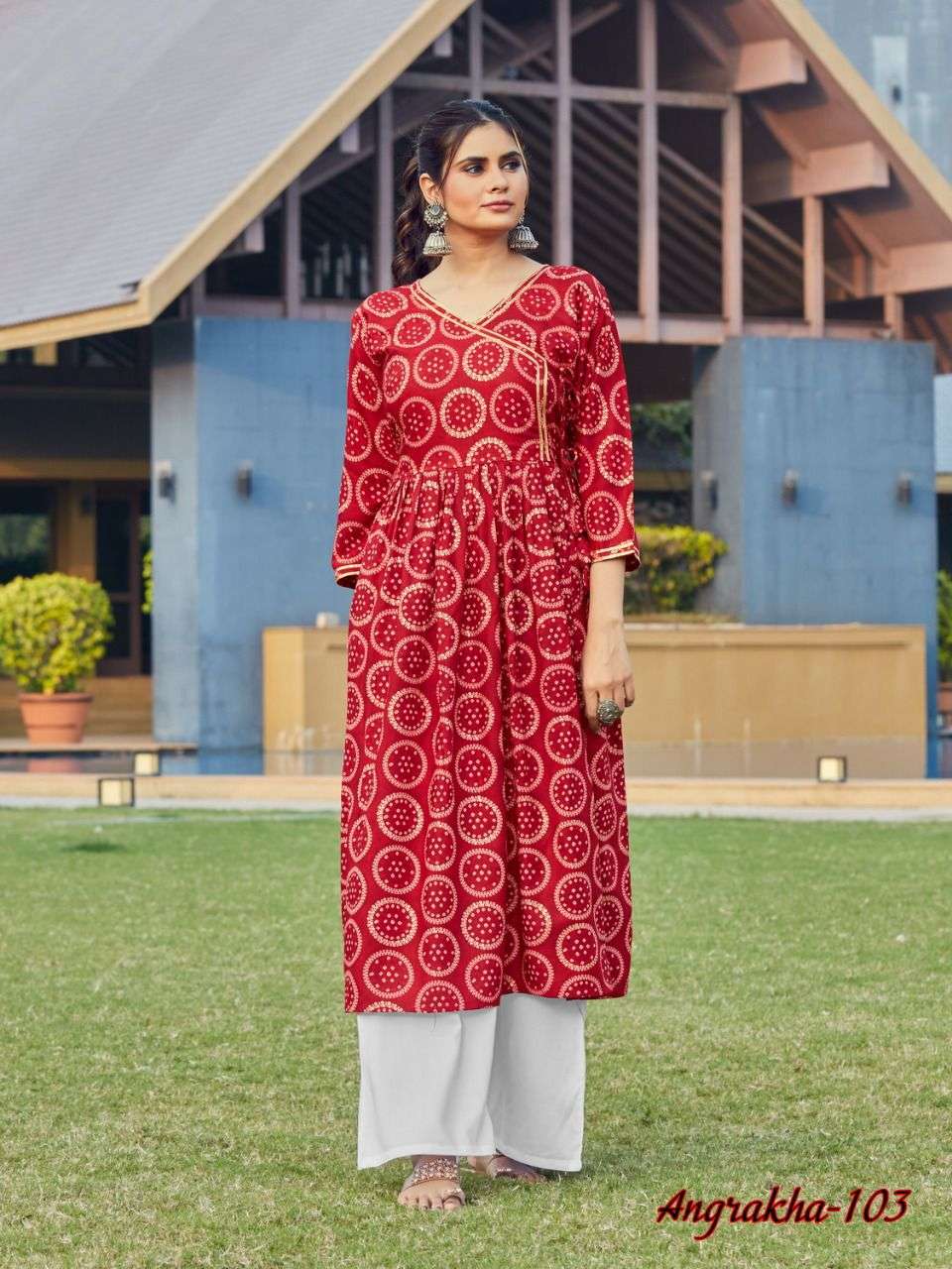 ANGRAKHA BY VEE FAB 101 TO 104 SERIES DESIGNER STYLISH FANCY COLORFUL BEAUTIFUL PARTY WEAR & ETHNIC WEAR COLLECTION RAYON FOIL PRINT KURTIS AT WHOLESALE PRICE