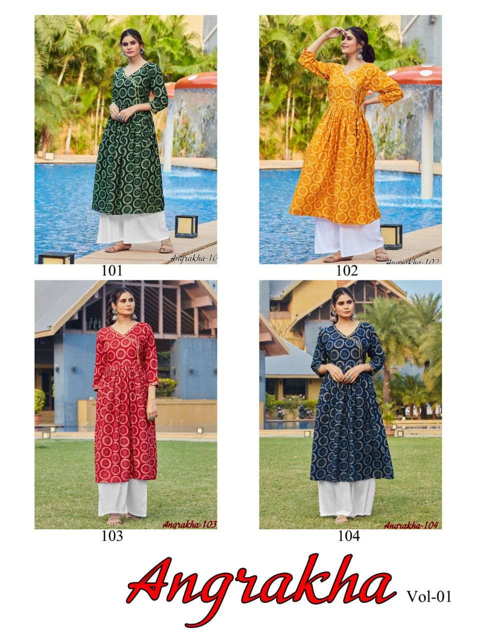 ANGRAKHA BY VEE FAB 101 TO 104 SERIES DESIGNER STYLISH FANCY COLORFUL BEAUTIFUL PARTY WEAR & ETHNIC WEAR COLLECTION RAYON FOIL PRINT KURTIS AT WHOLESALE PRICE