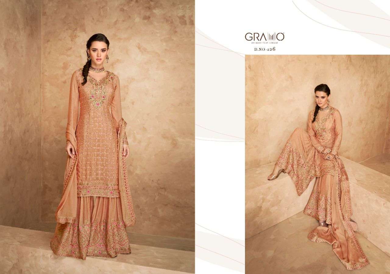 NAVABI VOL-3 BY GRAMO 125 TO 127 SERIES BEAUTIFUL STYLISH SHARARA SUITS FANCY COLORFUL CASUAL WEAR & ETHNIC WEAR & READY TO WEAR HEAVY FAUX GEORGETTE EMBROIDERED DRESSES AT WHOLESALE PRICE