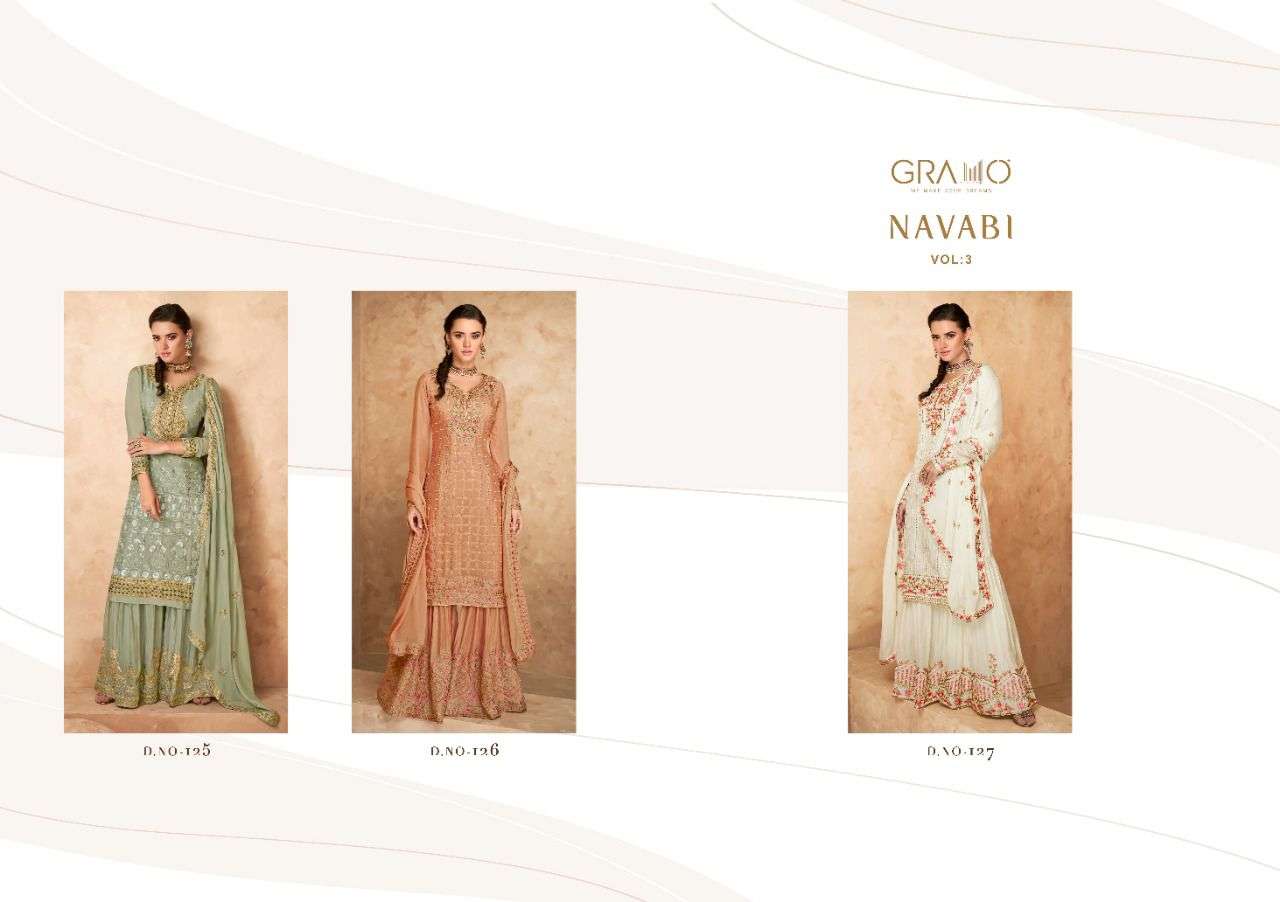 NAVABI VOL-3 BY GRAMO 125 TO 127 SERIES BEAUTIFUL STYLISH SHARARA SUITS FANCY COLORFUL CASUAL WEAR & ETHNIC WEAR & READY TO WEAR HEAVY FAUX GEORGETTE EMBROIDERED DRESSES AT WHOLESALE PRICE