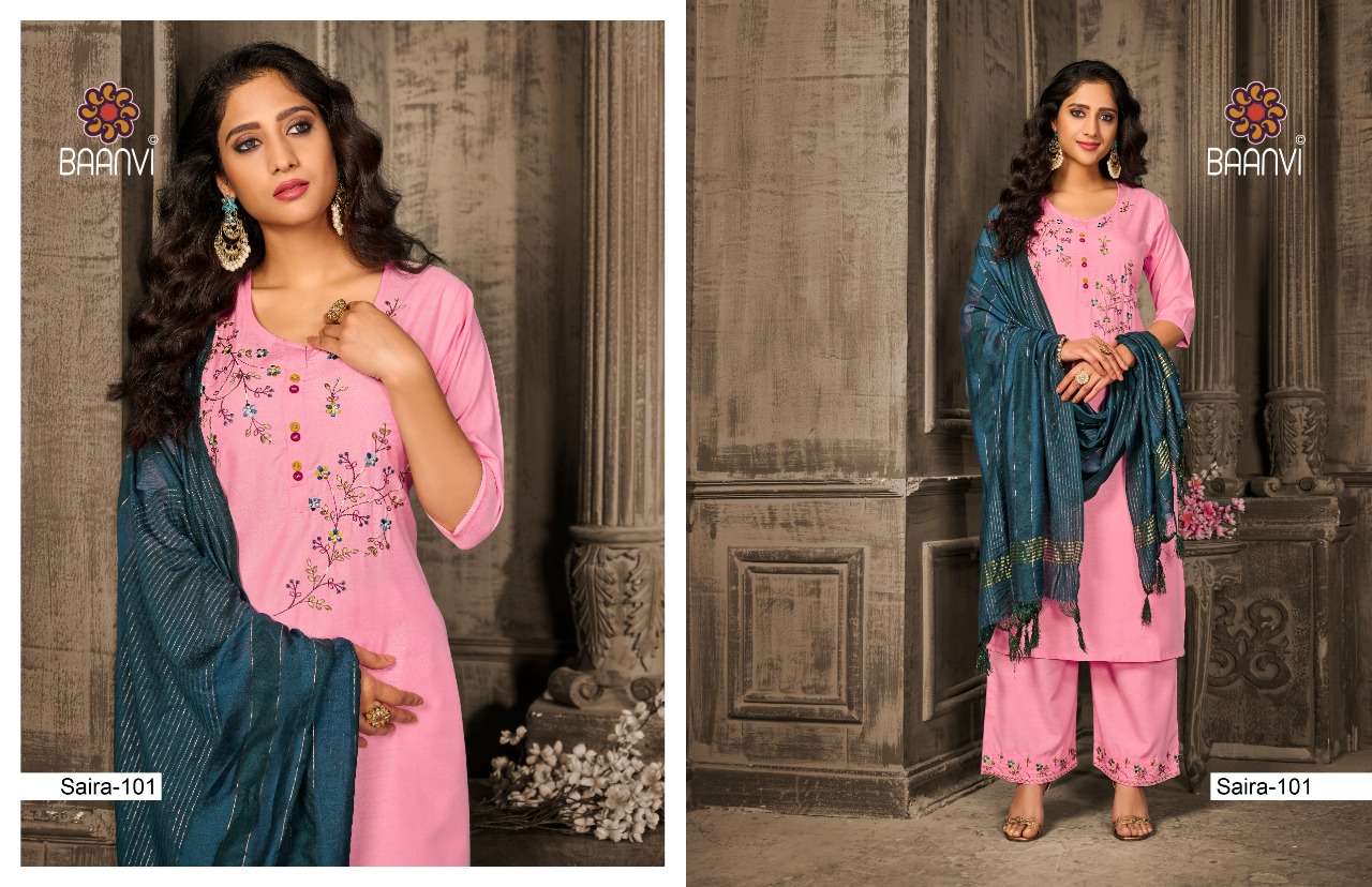 SAIRA BY BAANVI 101 TO 104 SERIES BEAUTIFUL SUITS COLORFUL STYLISH FANCY CASUAL WEAR & ETHNIC WEAR FANCY DRESSES AT WHOLESALE PRICE