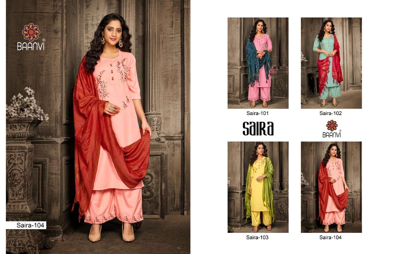 SAIRA BY BAANVI 101 TO 104 SERIES BEAUTIFUL SUITS COLORFUL STYLISH FANCY CASUAL WEAR & ETHNIC WEAR FANCY DRESSES AT WHOLESALE PRICE
