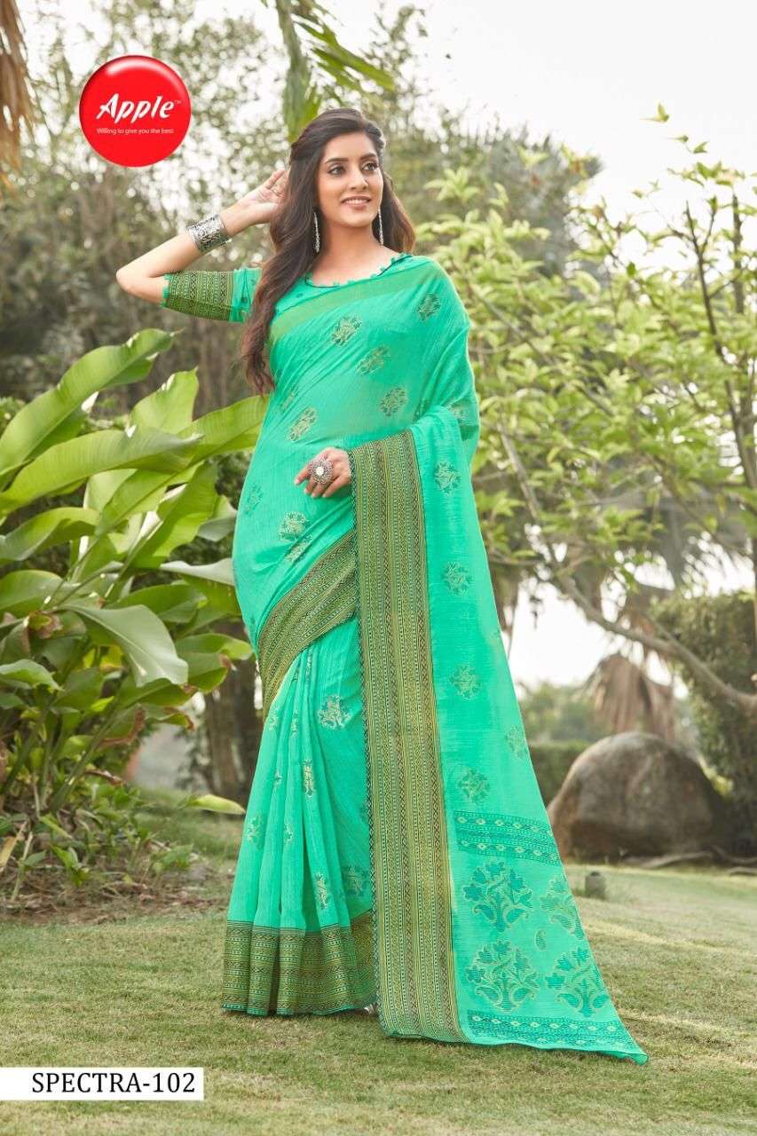 SPECTRA BY APPLE 101 TO 108 SERIES INDIAN TRADITIONAL WEAR COLLECTION BEAUTIFUL STYLISH FANCY COLORFUL PARTY WEAR & OCCASIONAL WEAR SOFT LINEN PRINT SAREES AT WHOLESALE PRICE