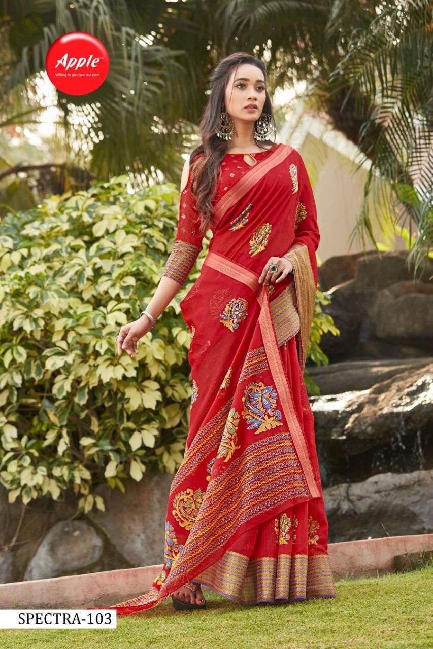 SPECTRA BY APPLE 101 TO 108 SERIES INDIAN TRADITIONAL WEAR COLLECTION BEAUTIFUL STYLISH FANCY COLORFUL PARTY WEAR & OCCASIONAL WEAR SOFT LINEN PRINT SAREES AT WHOLESALE PRICE