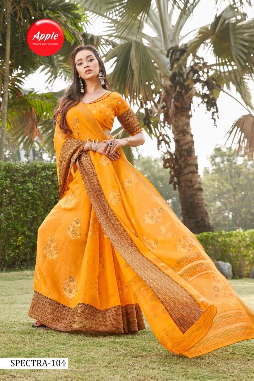 SPECTRA BY APPLE 101 TO 108 SERIES INDIAN TRADITIONAL WEAR COLLECTION BEAUTIFUL STYLISH FANCY COLORFUL PARTY WEAR & OCCASIONAL WEAR SOFT LINEN PRINT SAREES AT WHOLESALE PRICE