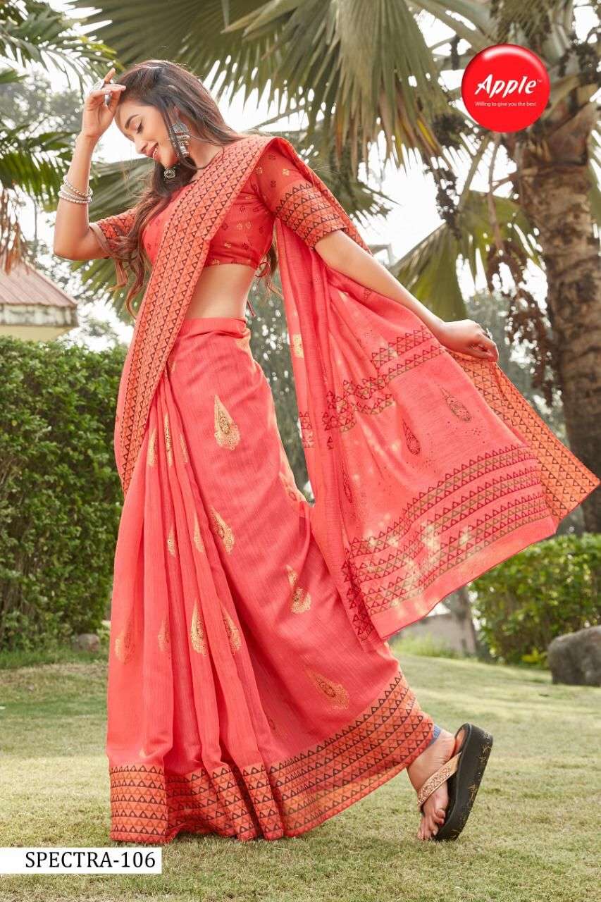 SPECTRA BY APPLE 101 TO 108 SERIES INDIAN TRADITIONAL WEAR COLLECTION BEAUTIFUL STYLISH FANCY COLORFUL PARTY WEAR & OCCASIONAL WEAR SOFT LINEN PRINT SAREES AT WHOLESALE PRICE
