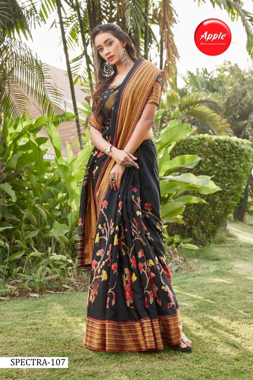 SPECTRA BY APPLE 101 TO 108 SERIES INDIAN TRADITIONAL WEAR COLLECTION BEAUTIFUL STYLISH FANCY COLORFUL PARTY WEAR & OCCASIONAL WEAR SOFT LINEN PRINT SAREES AT WHOLESALE PRICE