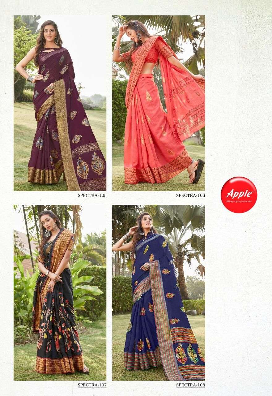 SPECTRA BY APPLE 101 TO 108 SERIES INDIAN TRADITIONAL WEAR COLLECTION BEAUTIFUL STYLISH FANCY COLORFUL PARTY WEAR & OCCASIONAL WEAR SOFT LINEN PRINT SAREES AT WHOLESALE PRICE