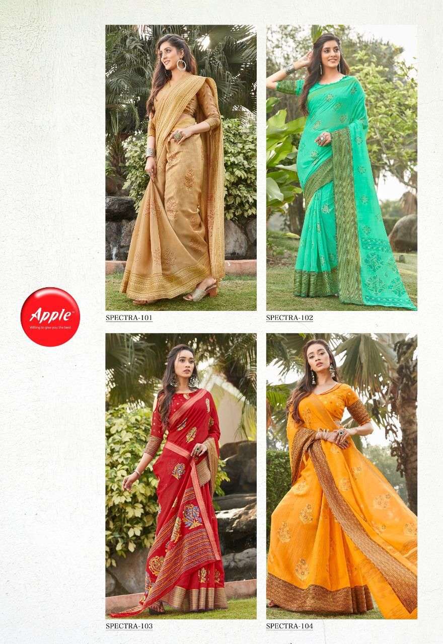 SPECTRA BY APPLE 101 TO 108 SERIES INDIAN TRADITIONAL WEAR COLLECTION BEAUTIFUL STYLISH FANCY COLORFUL PARTY WEAR & OCCASIONAL WEAR SOFT LINEN PRINT SAREES AT WHOLESALE PRICE