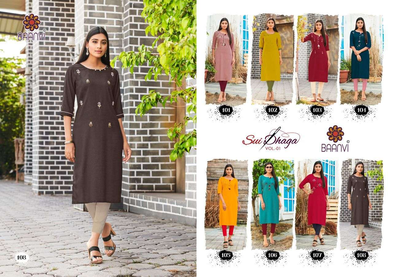 SUI DHAGA VOL-1 BY BAANVI 101 TO 108 SERIES DESIGNER STYLISH FANCY COLORFUL BEAUTIFUL PARTY WEAR & ETHNIC WEAR COLLECTION RAYON SLUB WITH WORK KURTIS AT WHOLESALE PRICE