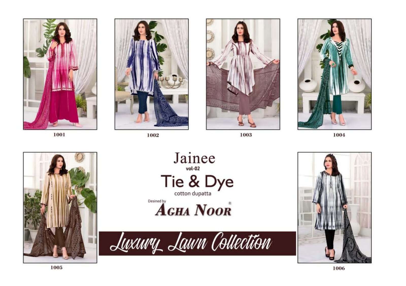 JAINEE VOL-2 BY AGHA NOOR 1001 TO 1006 SERIES BEAUTIFUL SUITS COLORFUL STYLISH FANCY CASUAL WEAR & ETHNIC WEAR LAWN COTTON DIGITAL PRINT DRESSES AT WHOLESALE PRICE