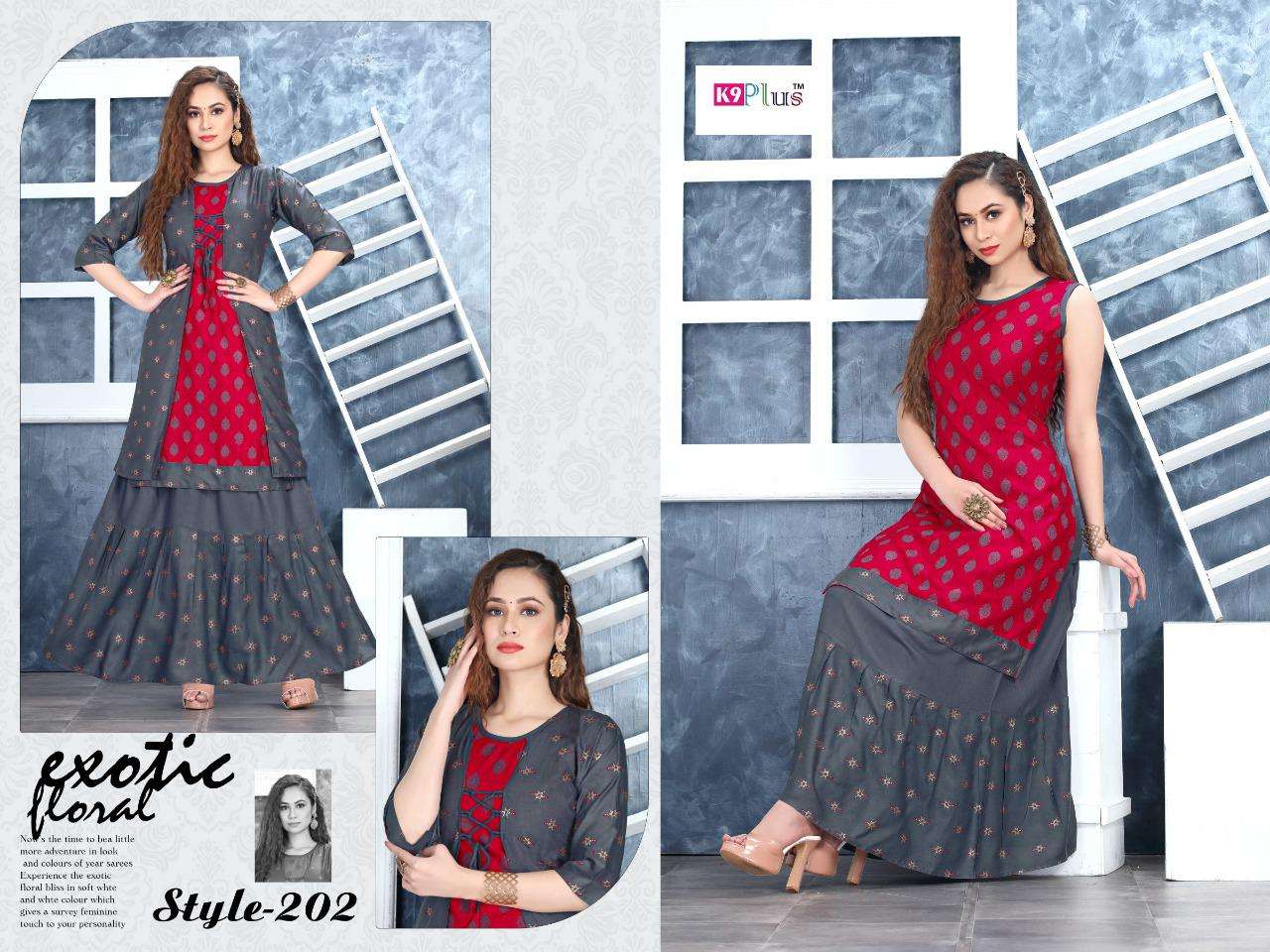 HELLO JACKET BY K9 PLUS 201 TO 208 SERIES DESIGNER STYLISH FANCY COLORFUL BEAUTIFUL PARTY WEAR & ETHNIC WEAR COLLECTION HEAVY RAYON KURTIS WITH BOTTOM AT WHOLESALE PRICE