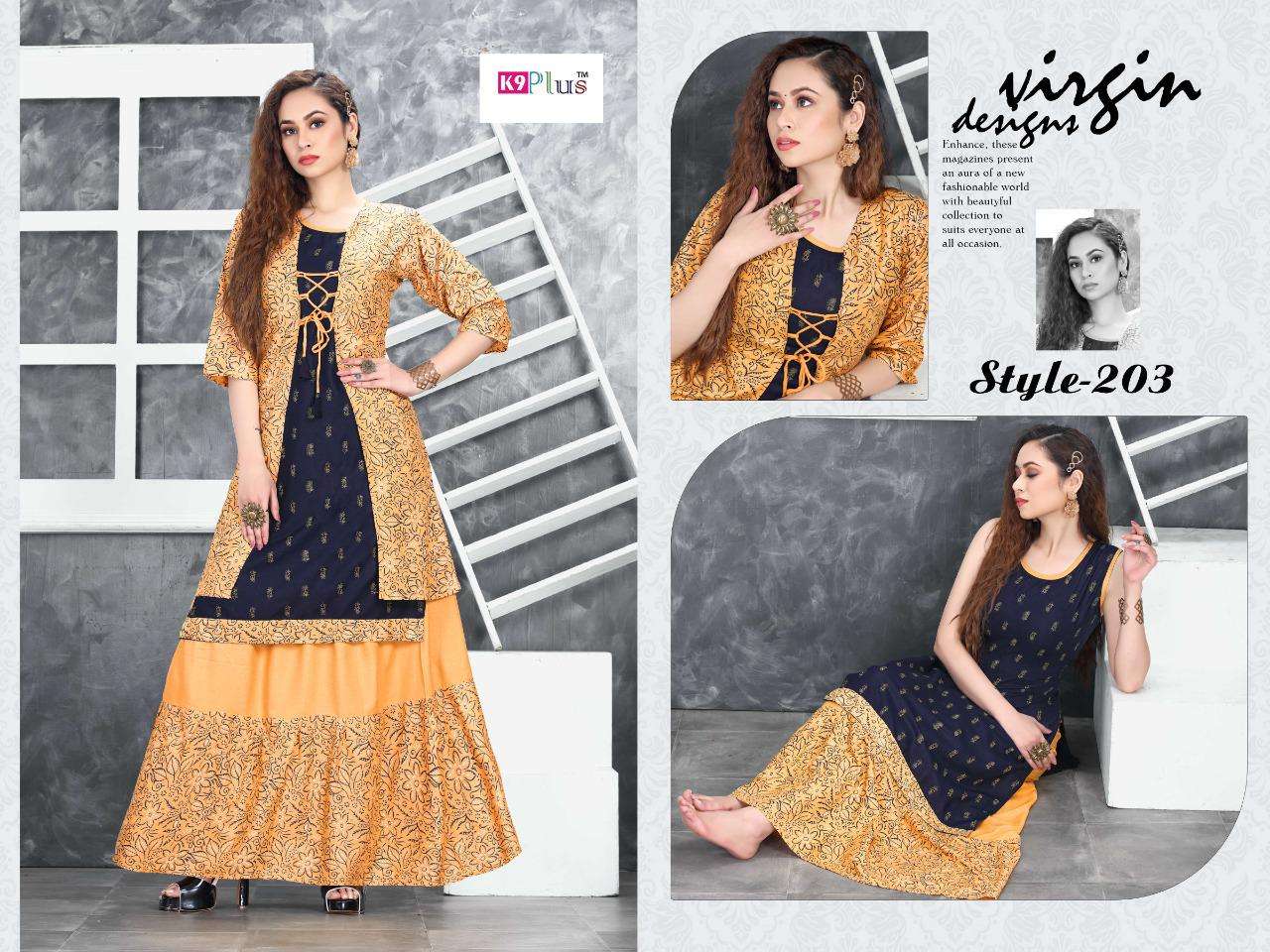 HELLO JACKET BY K9 PLUS 201 TO 208 SERIES DESIGNER STYLISH FANCY COLORFUL BEAUTIFUL PARTY WEAR & ETHNIC WEAR COLLECTION HEAVY RAYON KURTIS WITH BOTTOM AT WHOLESALE PRICE