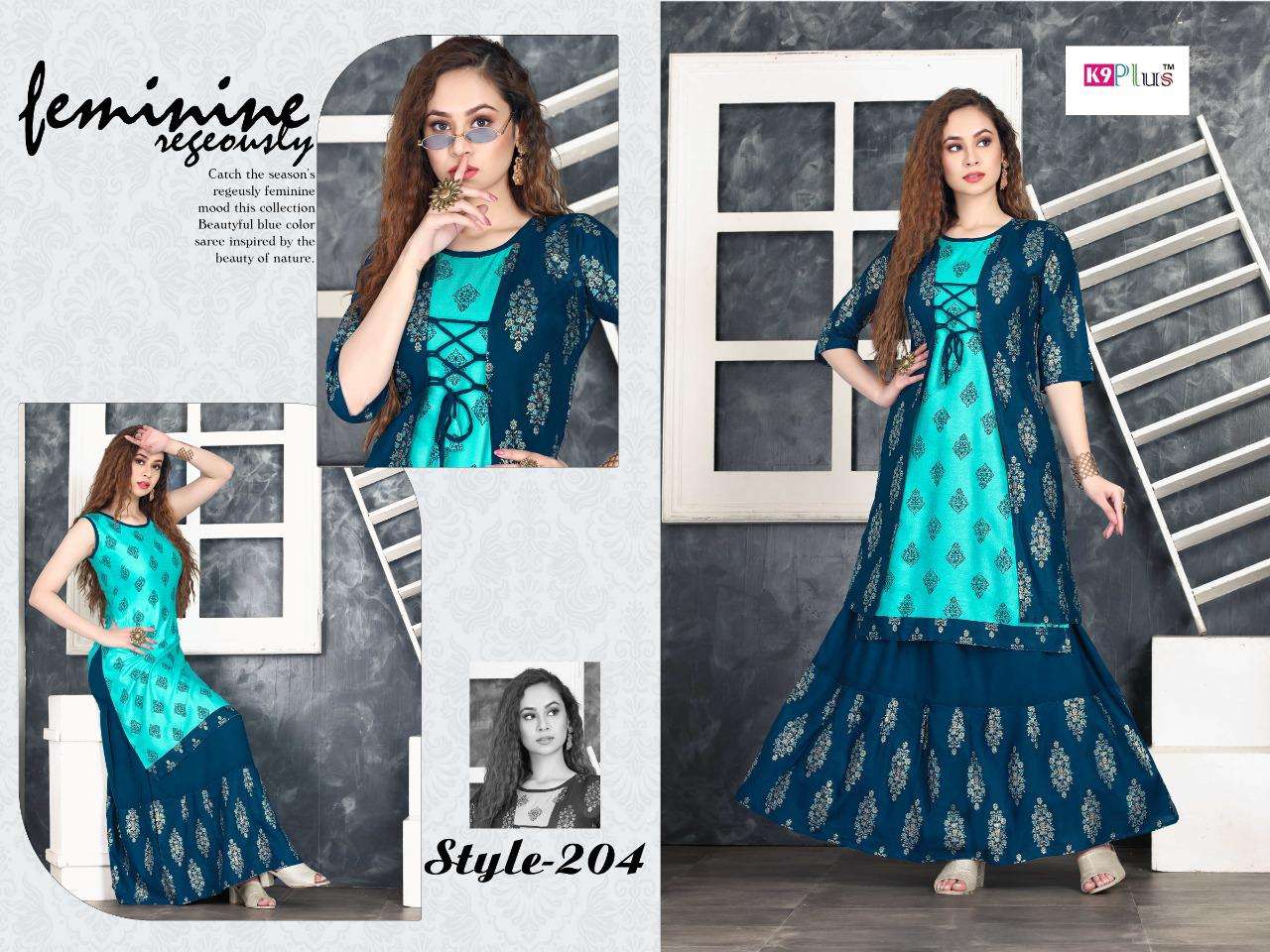 HELLO JACKET BY K9 PLUS 201 TO 208 SERIES DESIGNER STYLISH FANCY COLORFUL BEAUTIFUL PARTY WEAR & ETHNIC WEAR COLLECTION HEAVY RAYON KURTIS WITH BOTTOM AT WHOLESALE PRICE