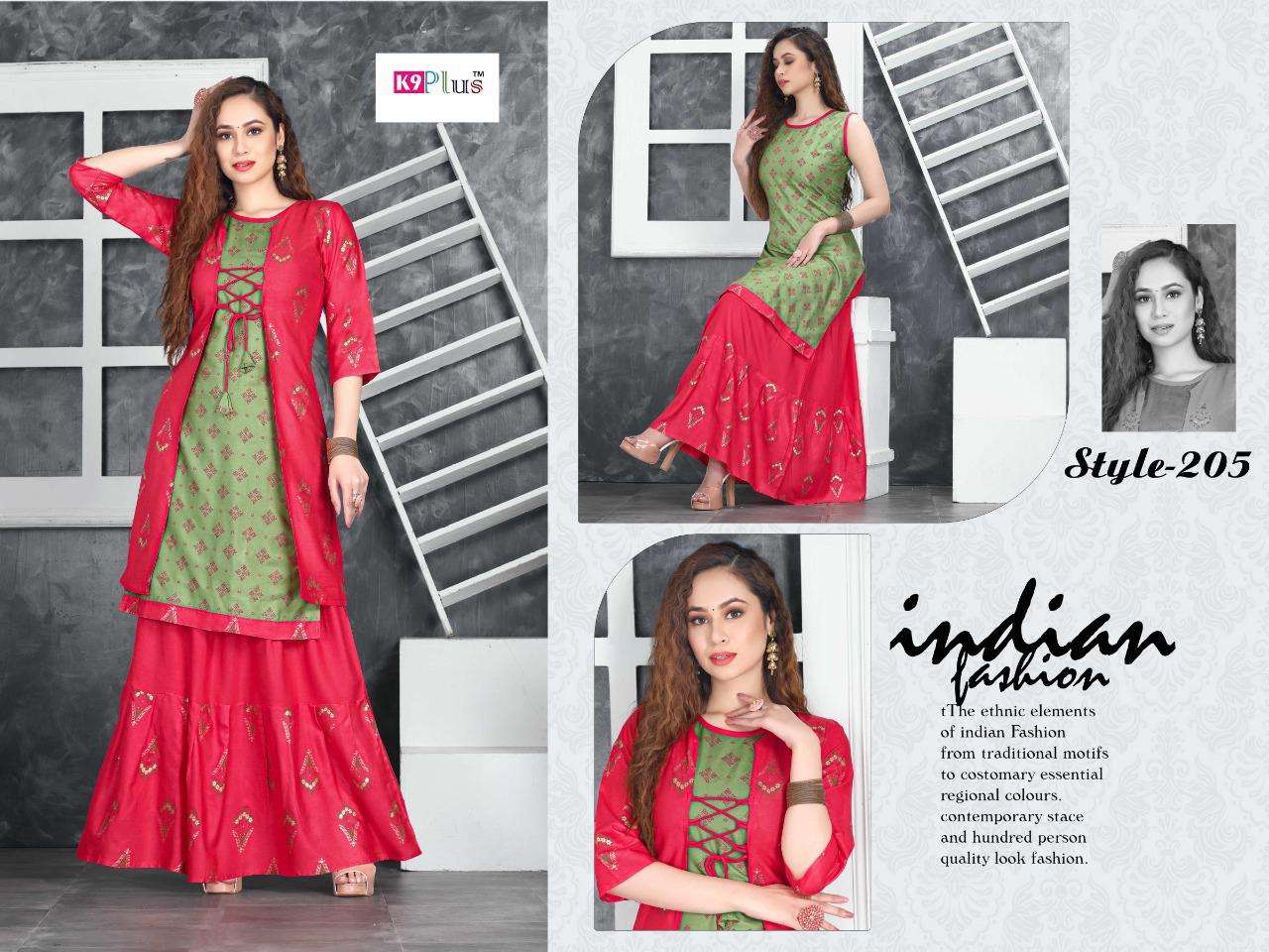 HELLO JACKET BY K9 PLUS 201 TO 208 SERIES DESIGNER STYLISH FANCY COLORFUL BEAUTIFUL PARTY WEAR & ETHNIC WEAR COLLECTION HEAVY RAYON KURTIS WITH BOTTOM AT WHOLESALE PRICE