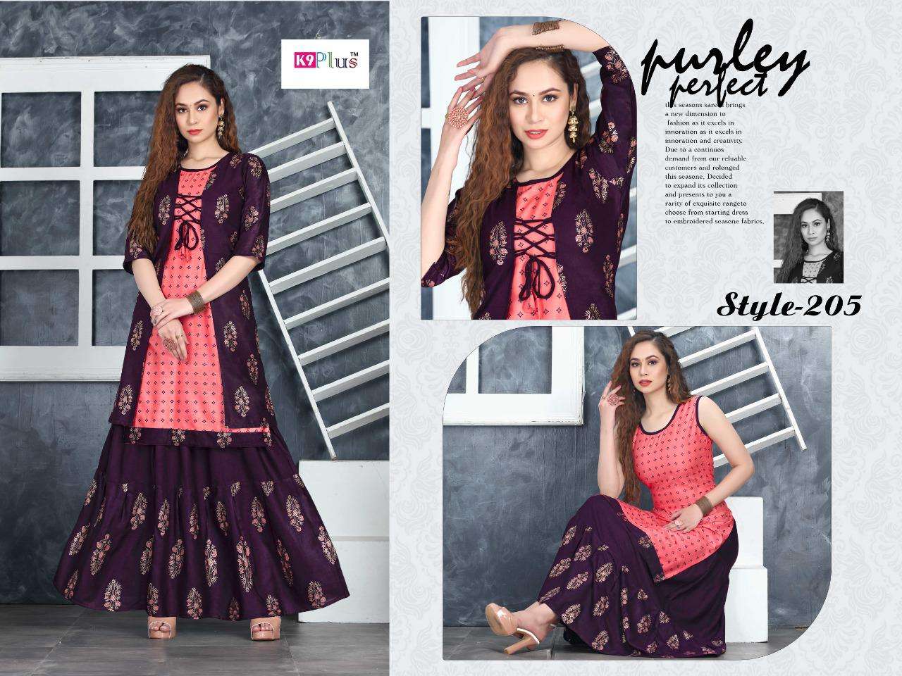 HELLO JACKET BY K9 PLUS 201 TO 208 SERIES DESIGNER STYLISH FANCY COLORFUL BEAUTIFUL PARTY WEAR & ETHNIC WEAR COLLECTION HEAVY RAYON KURTIS WITH BOTTOM AT WHOLESALE PRICE