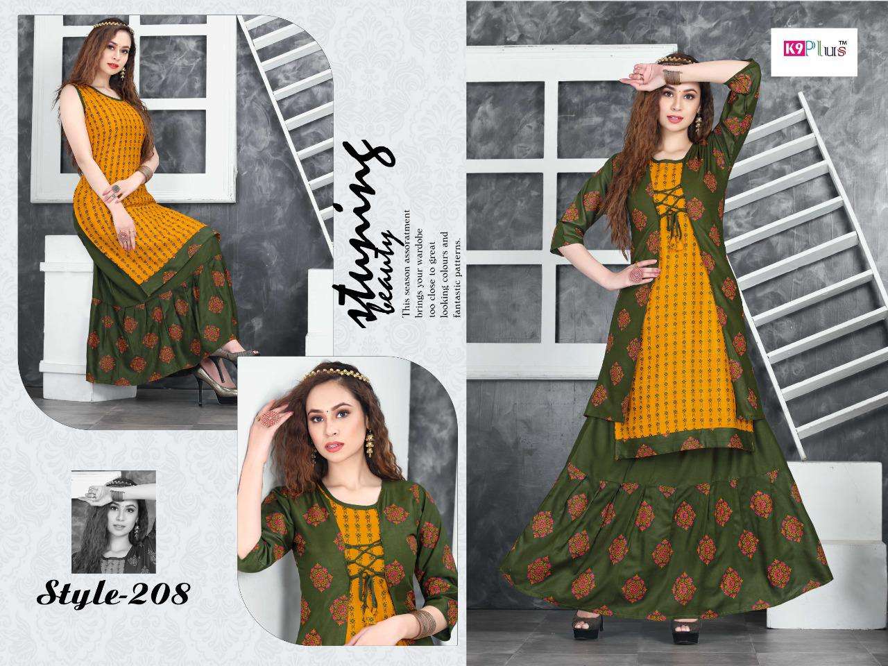 HELLO JACKET BY K9 PLUS 201 TO 208 SERIES DESIGNER STYLISH FANCY COLORFUL BEAUTIFUL PARTY WEAR & ETHNIC WEAR COLLECTION HEAVY RAYON KURTIS WITH BOTTOM AT WHOLESALE PRICE