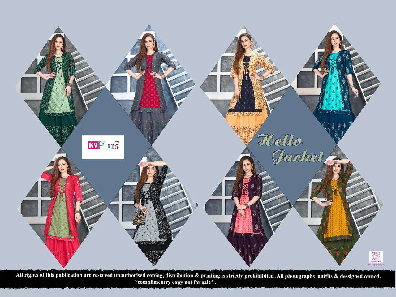 HELLO JACKET BY K9 PLUS 201 TO 208 SERIES DESIGNER STYLISH FANCY COLORFUL BEAUTIFUL PARTY WEAR & ETHNIC WEAR COLLECTION HEAVY RAYON KURTIS WITH BOTTOM AT WHOLESALE PRICE