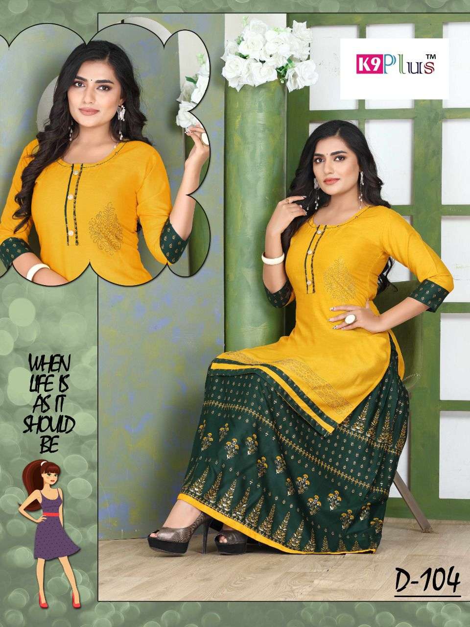 GOOD MORNING BY K9 PLUS 101 TO 108 SERIES DESIGNER STYLISH FANCY COLORFUL BEAUTIFUL PARTY WEAR & ETHNIC WEAR COLLECTION HEAVY RAYON WITH WORK KURTIS WITH BOTTOM AT WHOLESALE PRICE