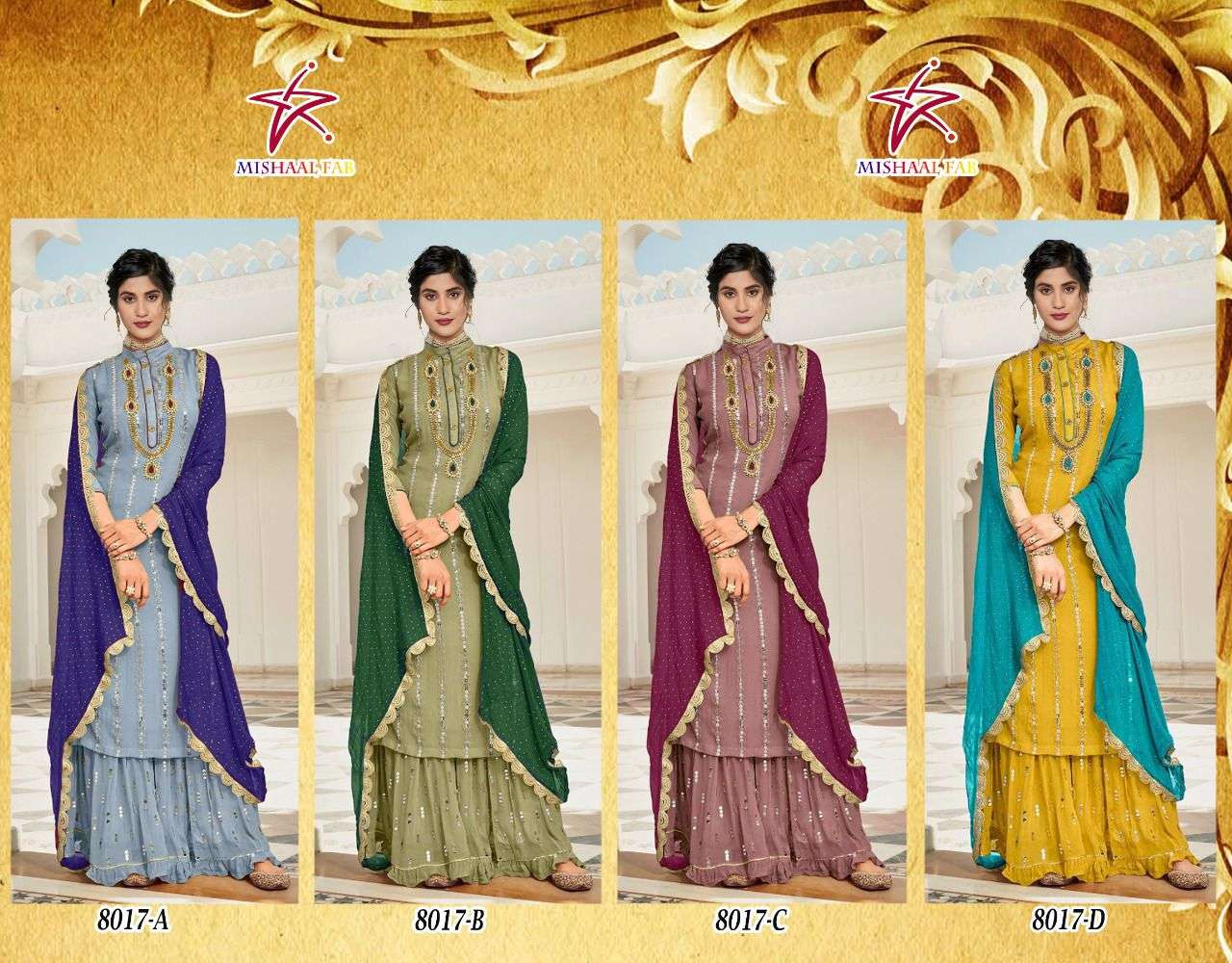 MISHAAL 8017 COLOURS BY MISHAAL FAB 8017-A TO 8017-D SERIES BEAUTIFUL SUITS STYLISH COLORFUL FANCY CASUAL WEAR & ETHNIC WEAR HEAVY GEORGETTE EMBROIDERED DRESSES AT WHOLESALE PRICE