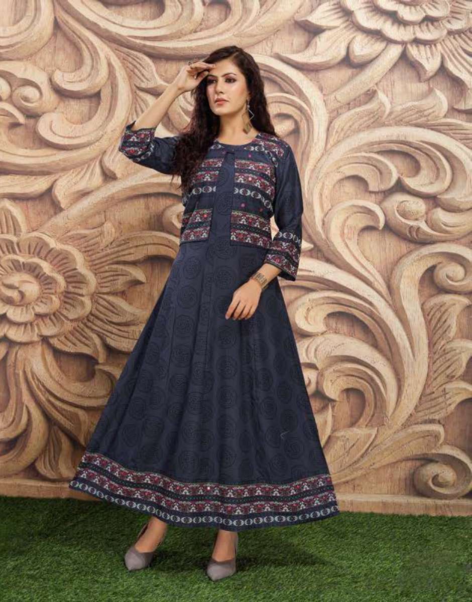 BITCOIN BY ANJALI NX 1001 TO 1008 SERIES DESIGNER STYLISH FANCY COLORFUL BEAUTIFUL PARTY WEAR & ETHNIC WEAR COLLECTION RAYON PRINT KURTIS WITH JACKETS AT WHOLESALE PRICE