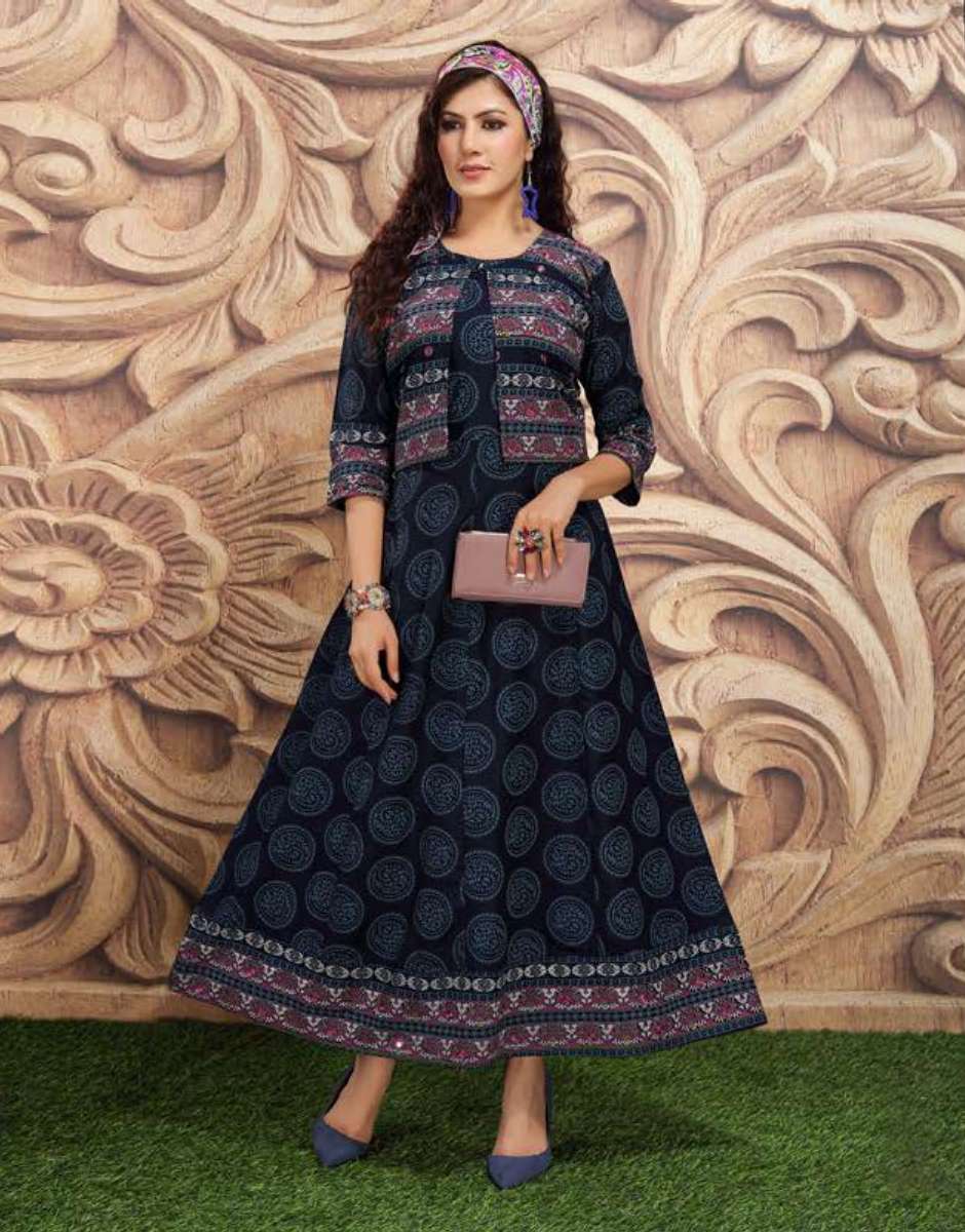 BITCOIN BY ANJALI NX 1001 TO 1008 SERIES DESIGNER STYLISH FANCY COLORFUL BEAUTIFUL PARTY WEAR & ETHNIC WEAR COLLECTION RAYON PRINT KURTIS WITH JACKETS AT WHOLESALE PRICE