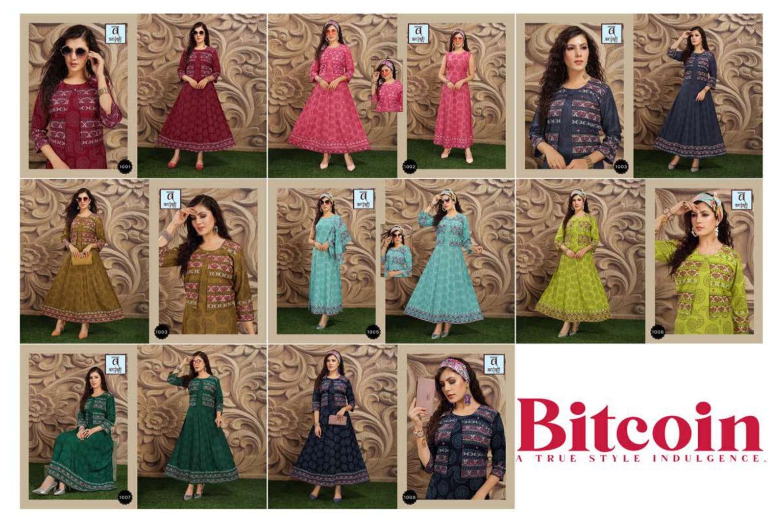 BITCOIN BY ANJALI NX 1001 TO 1008 SERIES DESIGNER STYLISH FANCY COLORFUL BEAUTIFUL PARTY WEAR & ETHNIC WEAR COLLECTION RAYON PRINT KURTIS WITH JACKETS AT WHOLESALE PRICE