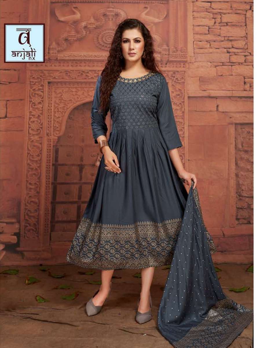 SHANAYA BY ANJALI NX 101 TO 108 SERIES BEAUTIFUL STYLISH FANCY COLORFUL CASUAL WEAR & ETHNIC WEAR RAYON WITH WORK GOWNS WITH DUPATTA AT WHOLESALE PRICE