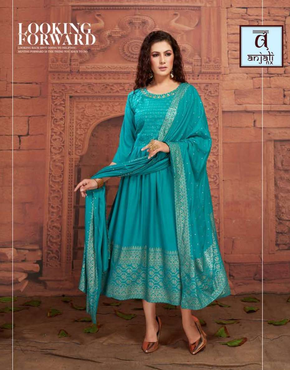 SHANAYA BY ANJALI NX 101 TO 108 SERIES BEAUTIFUL STYLISH FANCY COLORFUL CASUAL WEAR & ETHNIC WEAR RAYON WITH WORK GOWNS WITH DUPATTA AT WHOLESALE PRICE