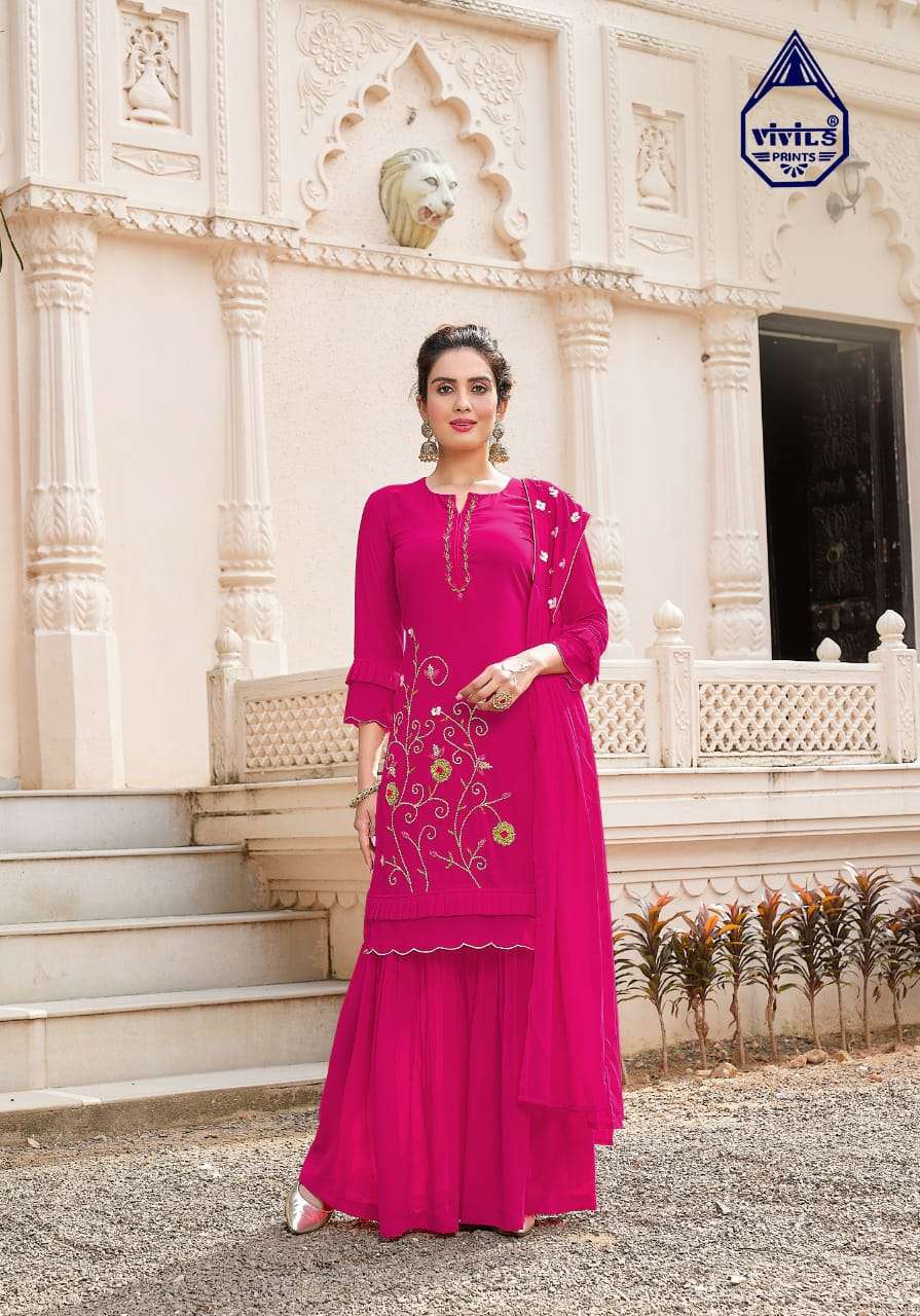 RIVAAZ VOL-3 BY VIVILS PRINT 101 TO 105 SERIES BEAUTIFUL SHARARA SUITS COLORFUL STYLISH FANCY CASUAL WEAR & ETHNIC WEAR PURE GEORGETTE DRESSES AT WHOLESALE PRICE