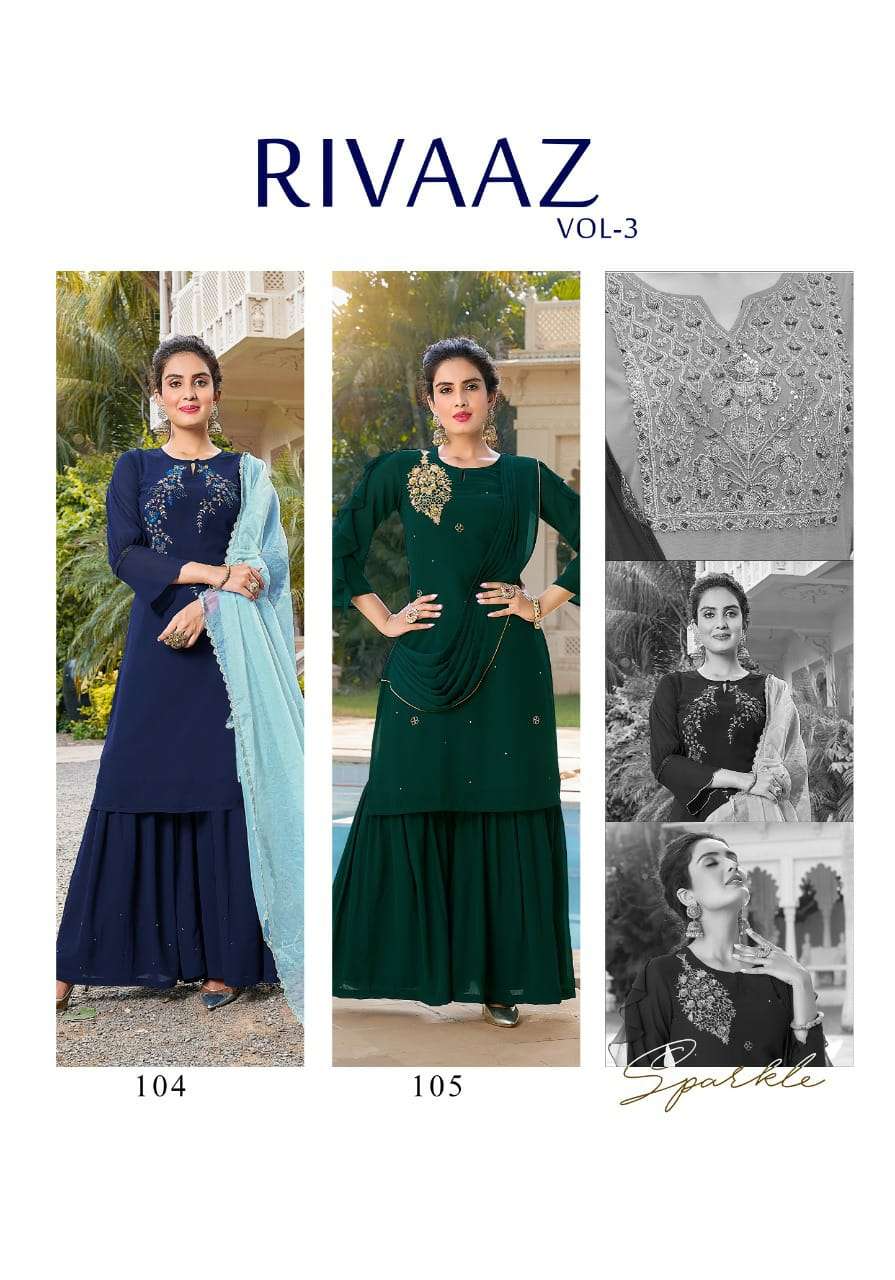 RIVAAZ VOL-3 BY VIVILS PRINT 101 TO 105 SERIES BEAUTIFUL SHARARA SUITS COLORFUL STYLISH FANCY CASUAL WEAR & ETHNIC WEAR PURE GEORGETTE DRESSES AT WHOLESALE PRICE