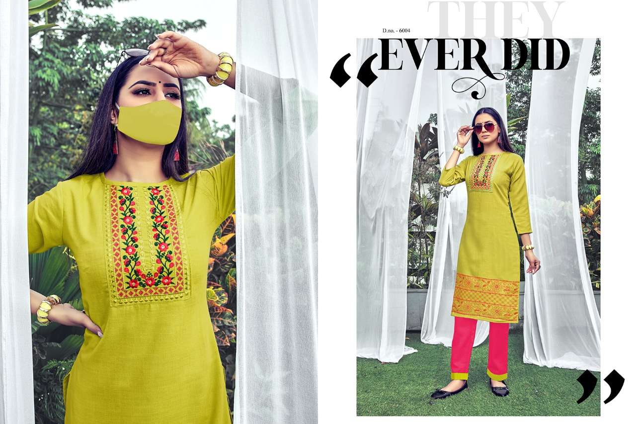 CHINGARI VOL-6 BY NITISHA NX 6001 TO 6008 SERIES BEAUTIFUL STYLISH FANCY COLORFUL CASUAL WEAR & ETHNIC WEAR & READY TO WEAR HEAVY SOFT COTTON SLUB EMBROIDERED KURTIS WITH MASK AT WHOLESALE PRICE