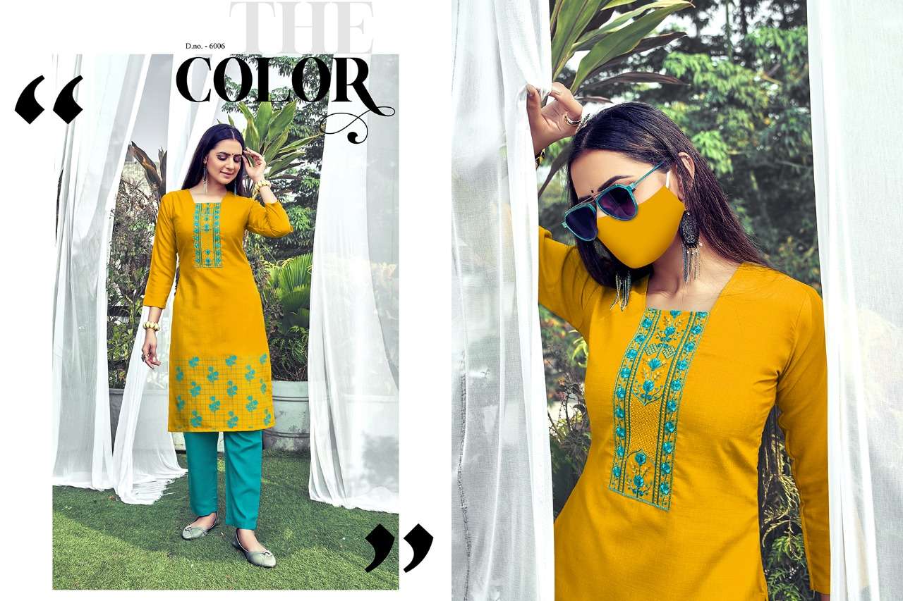 CHINGARI VOL-6 BY NITISHA NX 6001 TO 6008 SERIES BEAUTIFUL STYLISH FANCY COLORFUL CASUAL WEAR & ETHNIC WEAR & READY TO WEAR HEAVY SOFT COTTON SLUB EMBROIDERED KURTIS WITH MASK AT WHOLESALE PRICE