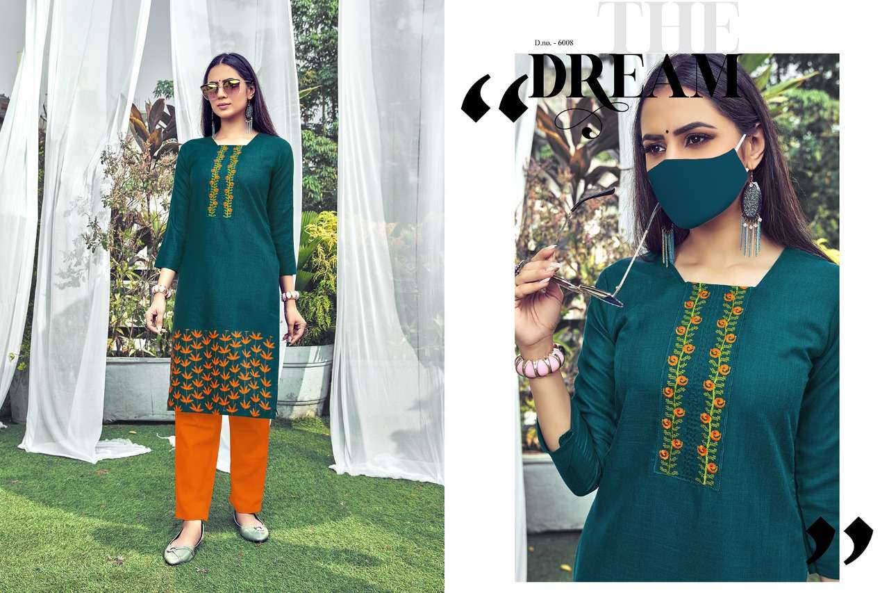 CHINGARI VOL-6 BY NITISHA NX 6001 TO 6008 SERIES BEAUTIFUL STYLISH FANCY COLORFUL CASUAL WEAR & ETHNIC WEAR & READY TO WEAR HEAVY SOFT COTTON SLUB EMBROIDERED KURTIS WITH MASK AT WHOLESALE PRICE