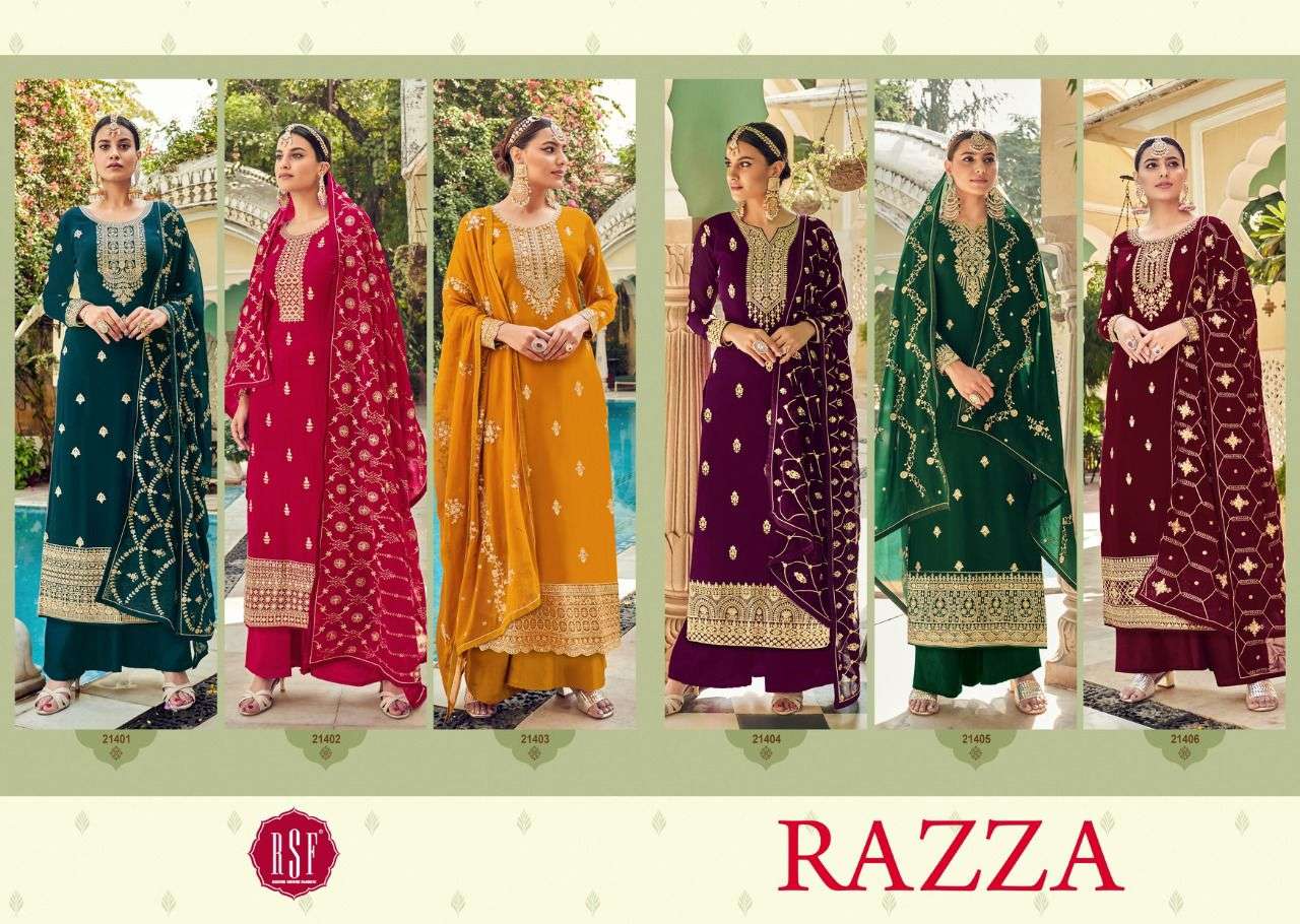 RAZZA BY RIDDHI SIDDHI FASHION 21401 TO 21406 SERIES BEAUTIFUL STYLISH SHARARA SUITS FANCY COLORFUL CASUAL WEAR & ETHNIC WEAR & READY TO WEAR PURE FAUX GEORGETTE EMBROIDERED DRESSES AT WHOLESALE PRICE