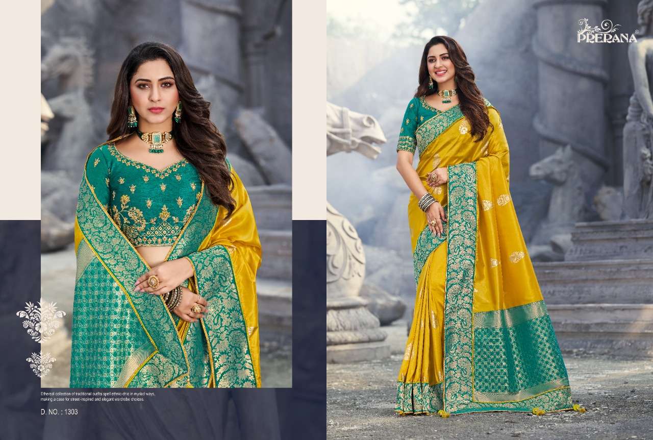 PRERANA 1301 SERIES BY PRERANA 1301 TO 1309 SERIES INDIAN TRADITIONAL WEAR COLLECTION BEAUTIFUL STYLISH FANCY COLORFUL PARTY WEAR & OCCASIONAL WEAR BANARASI SILK SAREES AT WHOLESALE PRICE