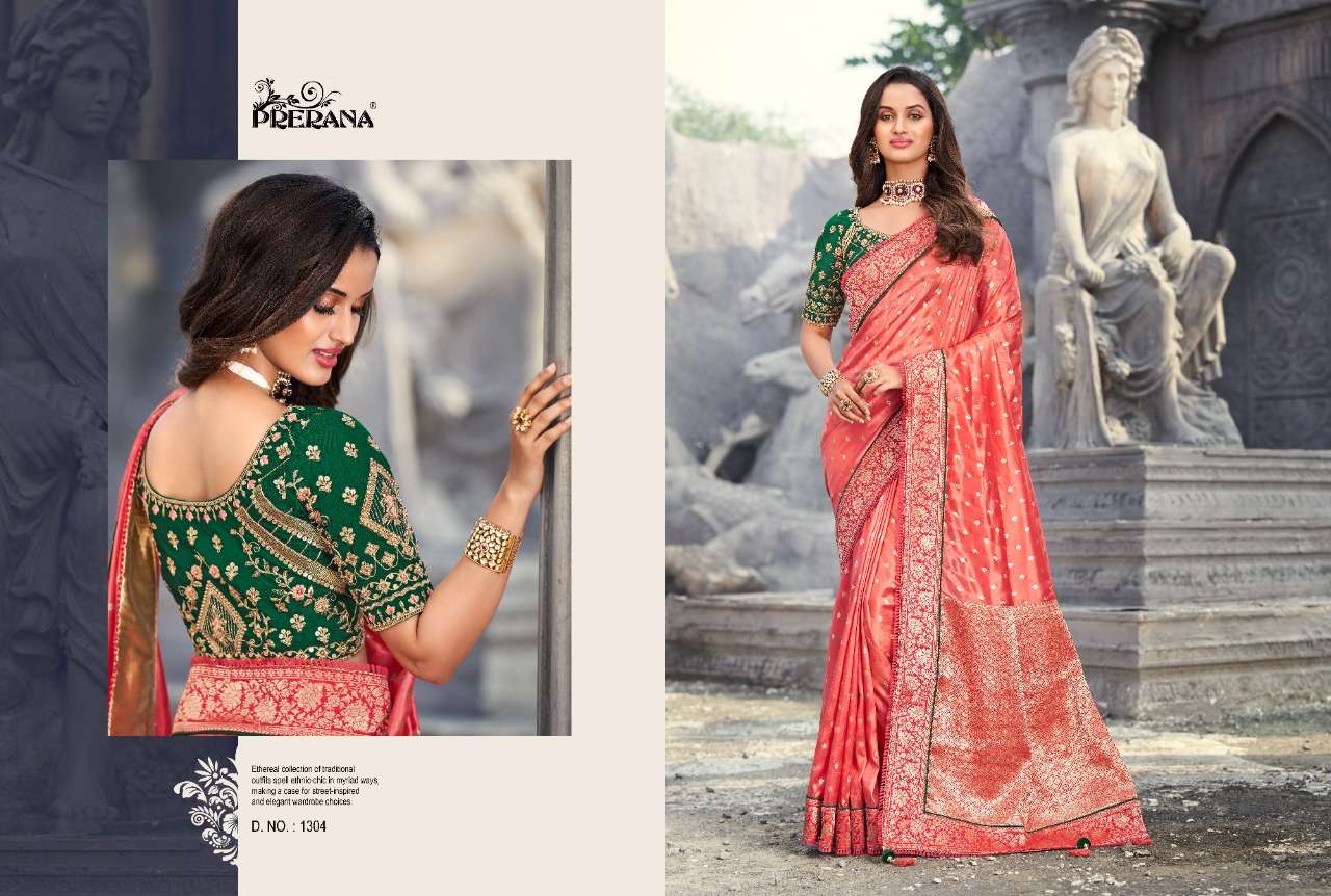 PRERANA 1301 SERIES BY PRERANA 1301 TO 1309 SERIES INDIAN TRADITIONAL WEAR COLLECTION BEAUTIFUL STYLISH FANCY COLORFUL PARTY WEAR & OCCASIONAL WEAR BANARASI SILK SAREES AT WHOLESALE PRICE