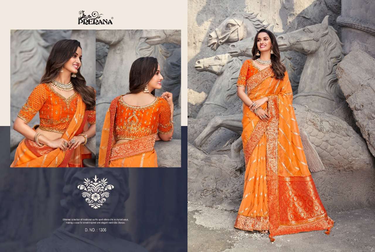 PRERANA 1301 SERIES BY PRERANA 1301 TO 1309 SERIES INDIAN TRADITIONAL WEAR COLLECTION BEAUTIFUL STYLISH FANCY COLORFUL PARTY WEAR & OCCASIONAL WEAR BANARASI SILK SAREES AT WHOLESALE PRICE