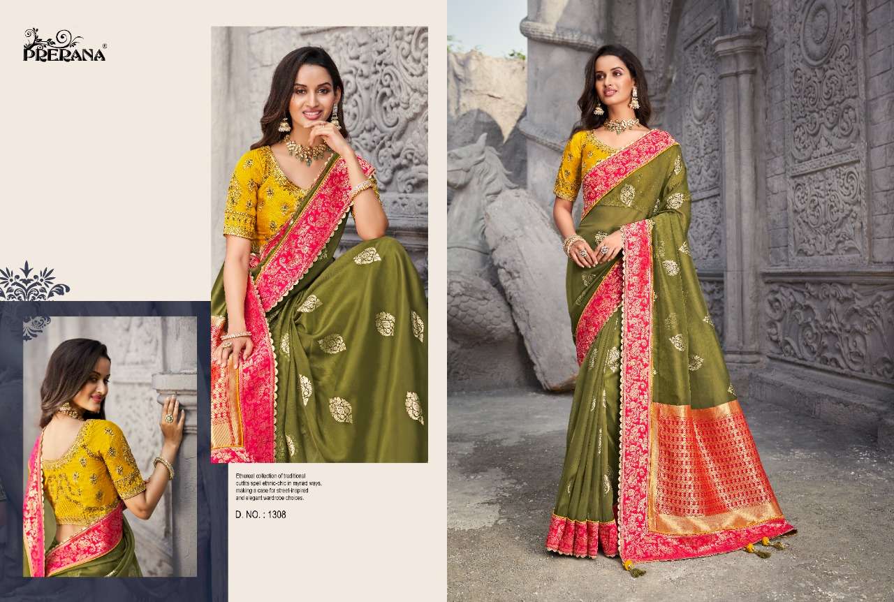 PRERANA 1301 SERIES BY PRERANA 1301 TO 1309 SERIES INDIAN TRADITIONAL WEAR COLLECTION BEAUTIFUL STYLISH FANCY COLORFUL PARTY WEAR & OCCASIONAL WEAR BANARASI SILK SAREES AT WHOLESALE PRICE