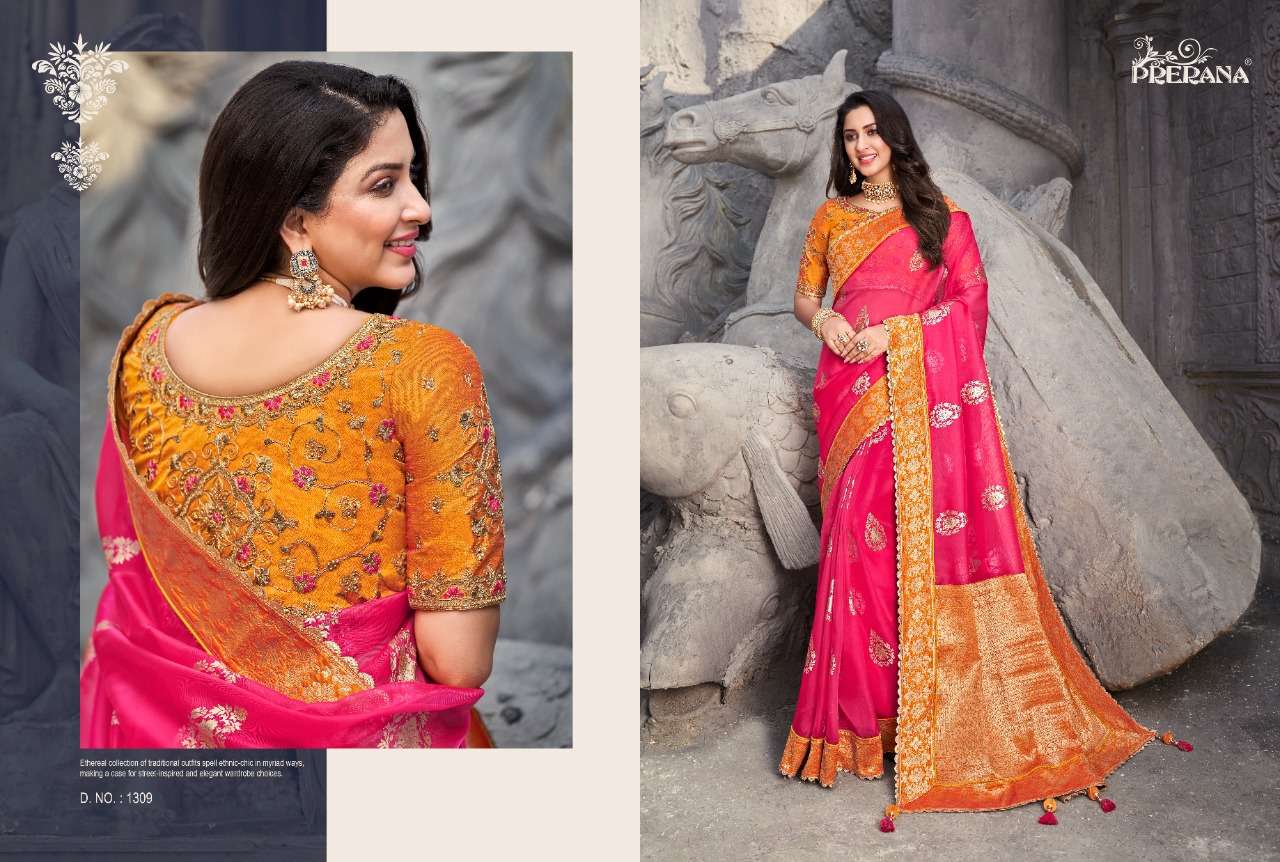 PRERANA 1301 SERIES BY PRERANA 1301 TO 1309 SERIES INDIAN TRADITIONAL WEAR COLLECTION BEAUTIFUL STYLISH FANCY COLORFUL PARTY WEAR & OCCASIONAL WEAR BANARASI SILK SAREES AT WHOLESALE PRICE
