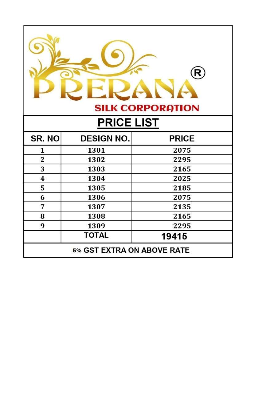 PRERANA 1301 SERIES BY PRERANA 1301 TO 1309 SERIES INDIAN TRADITIONAL WEAR COLLECTION BEAUTIFUL STYLISH FANCY COLORFUL PARTY WEAR & OCCASIONAL WEAR BANARASI SILK SAREES AT WHOLESALE PRICE