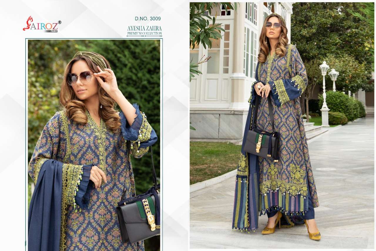 AYESHA ZAHRA PREMIUM COLLECTION VOL-2 BY SAIROZ FABS 3009 TO 3012 SERIES BEAUTIFUL SUITS STYLISH COLORFUL FANCY CASUAL WEAR & ETHNIC WEAR COTTON DIGITAL PRINT EMBROIDERED DRESSES AT WHOLESALE PRICE