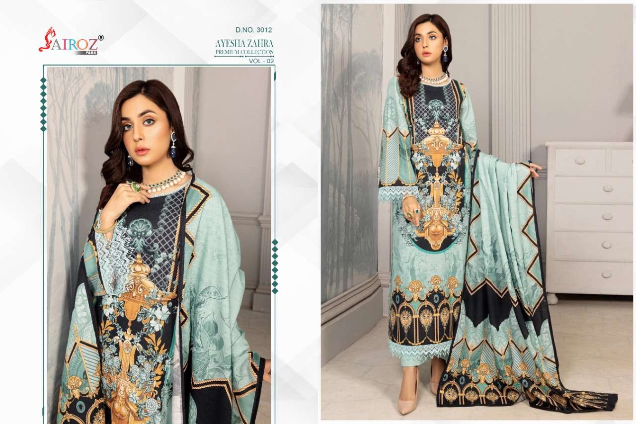 AYESHA ZAHRA PREMIUM COLLECTION VOL-2 BY SAIROZ FABS 3009 TO 3012 SERIES BEAUTIFUL SUITS STYLISH COLORFUL FANCY CASUAL WEAR & ETHNIC WEAR COTTON DIGITAL PRINT EMBROIDERED DRESSES AT WHOLESALE PRICE