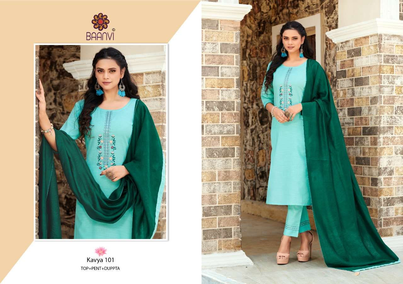 KAVYA BY BAANVI 101 TO 106 SERIES BEAUTIFUL SUITS COLORFUL STYLISH FANCY CASUAL WEAR & ETHNIC WEAR HEAVY COTTON EMBROIDERED DRESSES AT WHOLESALE PRICE
